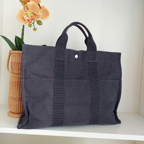 Hermes Herline MM Gray Canvas Tote Toile Fourre-Tout MM - Picture 5 of 16